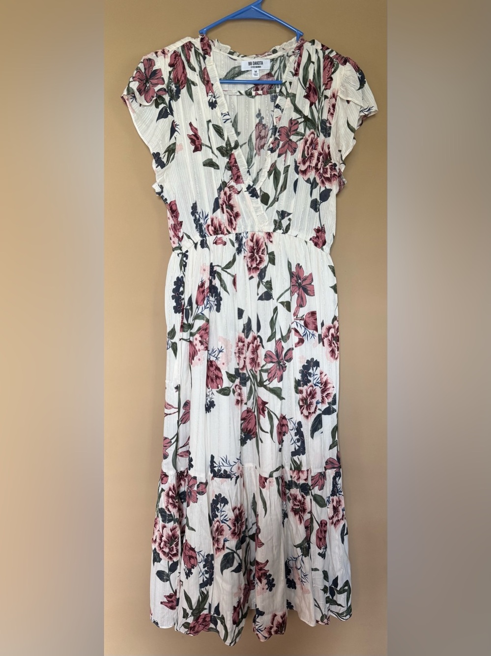 BB Dakota Cream Floral Midi Drew with Pink & Green Print Shimmer Detail